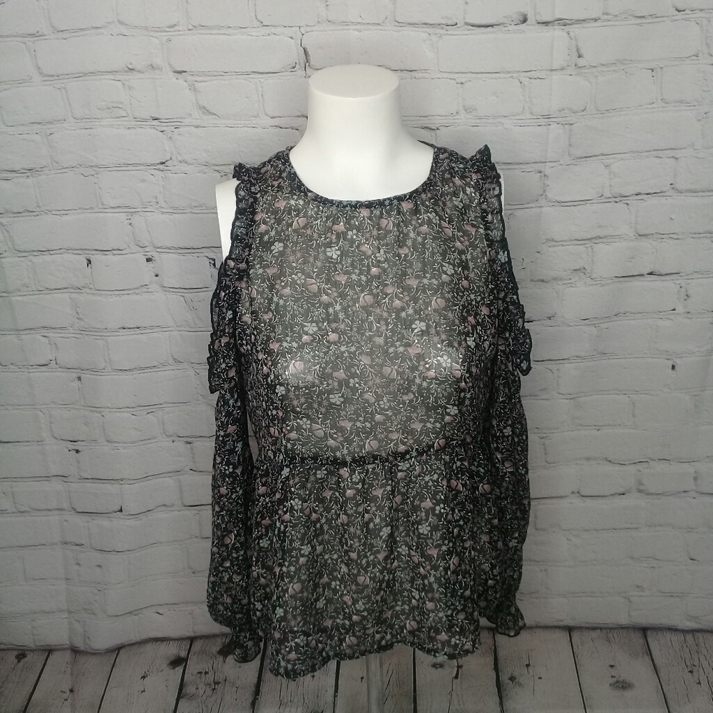 AEO Black Pink Floral Chiffon Sheer Long Sleeve Cold Shoulder Peplum Small